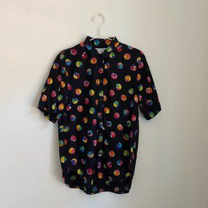 Vintage Button-Down Short-Sleeve Top Colorful Rainbow Funky Pattern